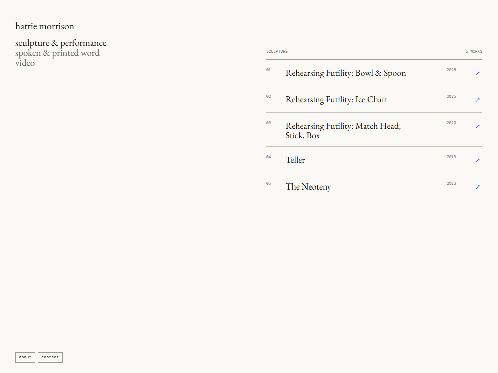Hattie Morrison's portfolio showing the sculpture and performance project index