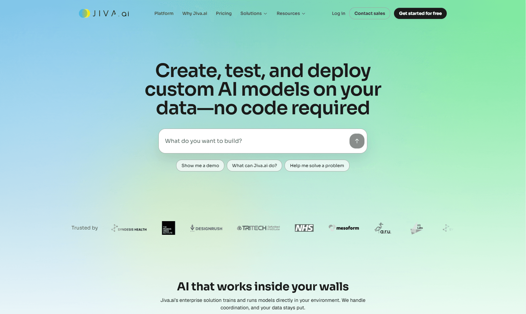 The Jiva.ai homepage showing its visual AI pipeline builder